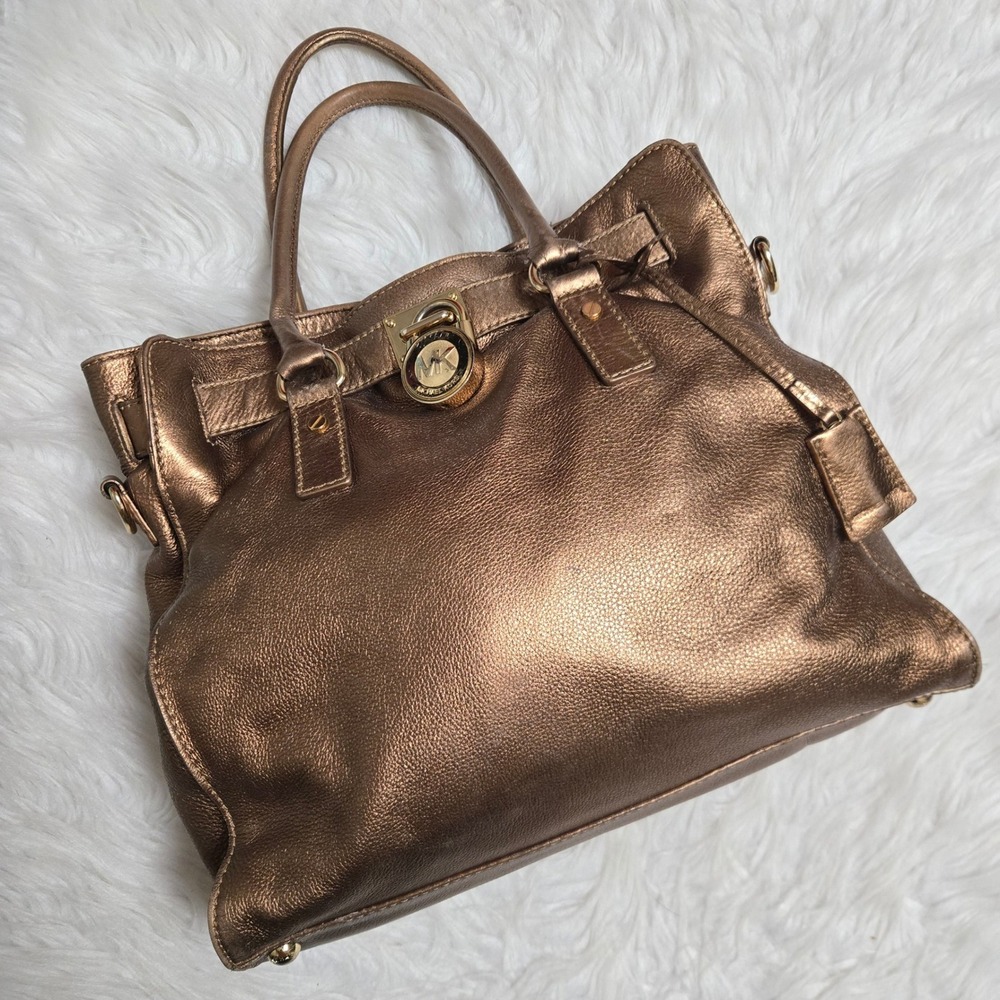 Michael Kors Hamilton Satchel Metallic Bronze Leather Gold Hardware Handbag